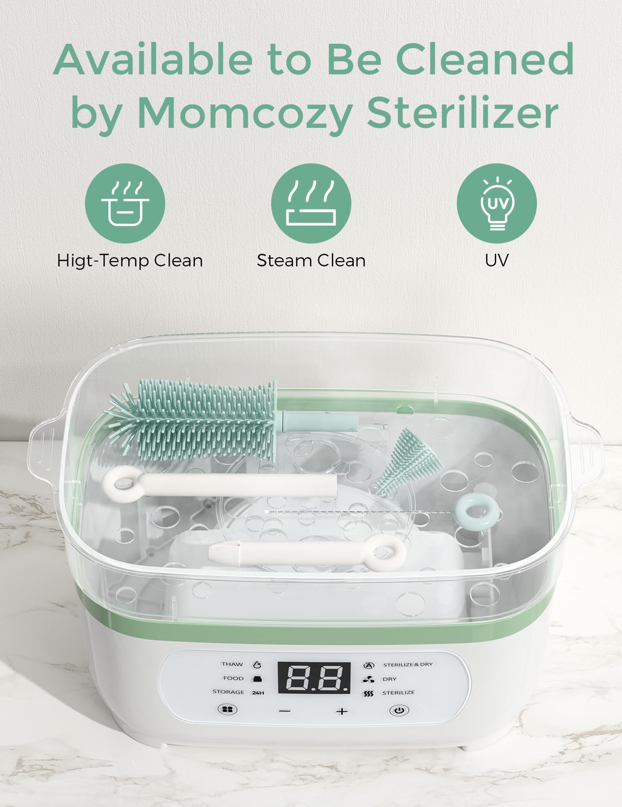Momcozy Bottle Brush Set - Baby Bottle Cleaner Kit with Silicone Brush, Nipple Brush, Straw Brush, Soap Dispenser, Drying Rack - 7 in 1 Bottle Cleaning Tool for Home and Travel