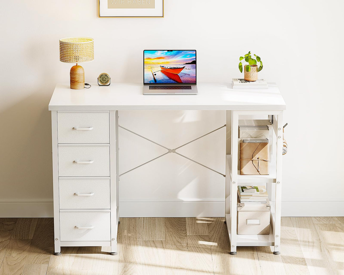 ODK 40 Inch Small White Computer Desk with 4 Fabric Drawers, Modern Office Desk for Home Office Gaming with Storage Shelves Study, White