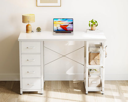 ODK 40 Inch Small White Computer Desk with 4 Fabric Drawers, Modern Office Desk for Home Office Gaming with Storage Shelves Study, White