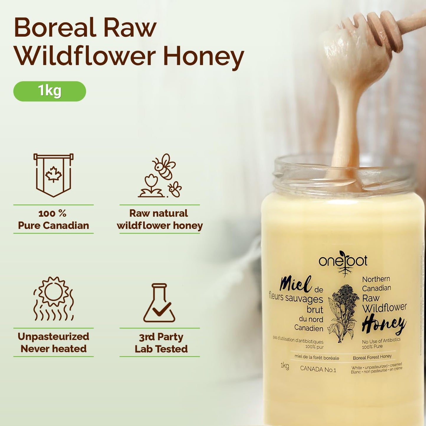 Oneroot 100% Canadian Flower Honey - 1kg / 2.2lbs, Honey Wildflower Unfiltered, Unheated & Creamed, Nutrient Rich Raw Wildflower With Enzymes, Thick Natural Sweetener