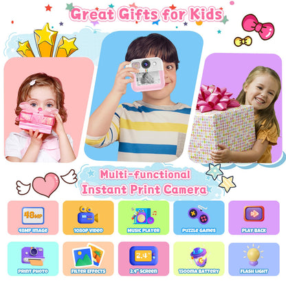 Kids Camera for Girls, 1080P Instant Print Camera, Kids Christmas Birthday Gifts Girls Toys, Children Digital Camera with 32GB Card, Toddler Camera Portable Toys for 3 4 5 6 7 8 9 Year Old Girl Pink