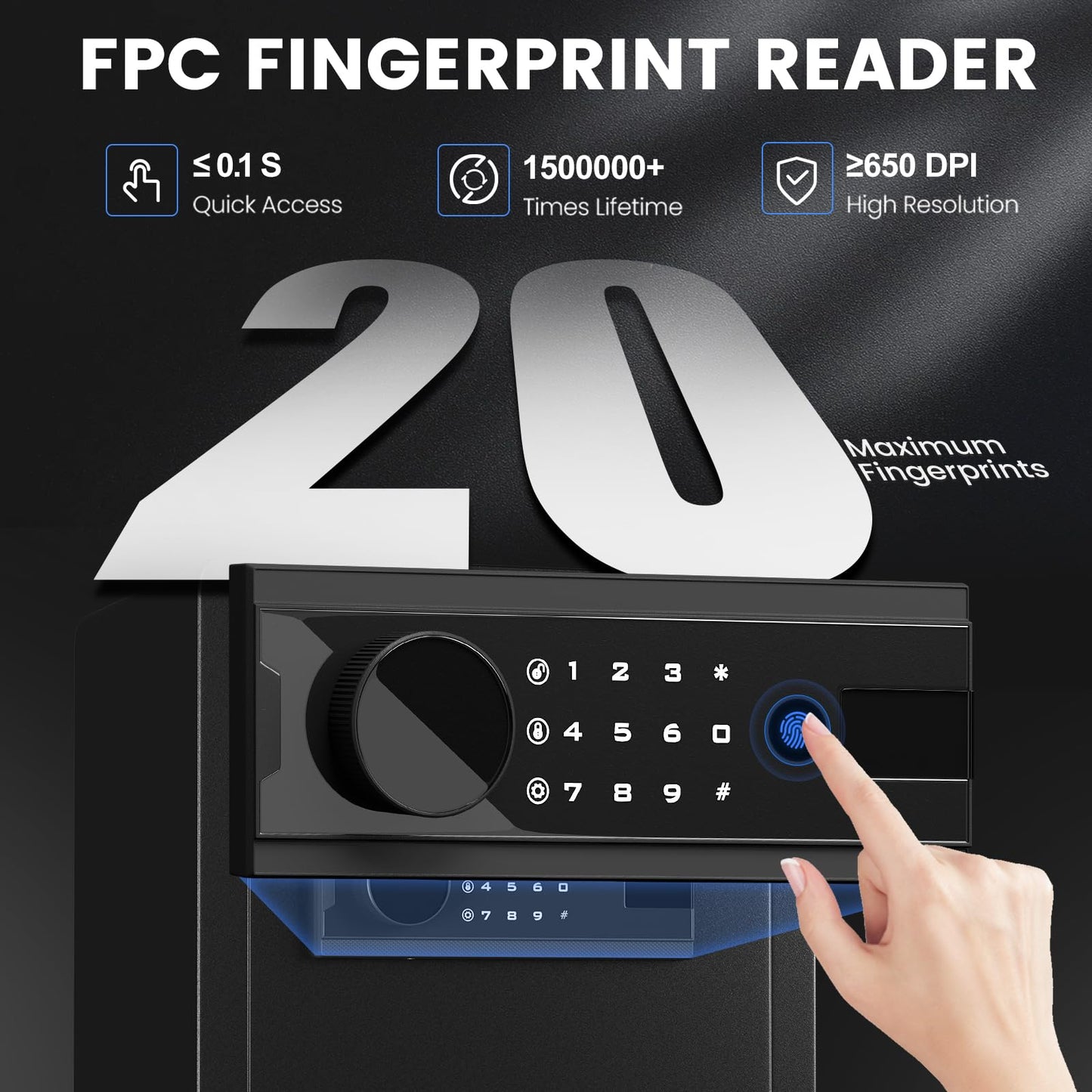 Kavey 2.0 Cub Biometric Safe Box, Fingerprint Safe with Backlit Touch Screen Keypad and Dual Alarm System, Steel Security Lock Box With Mute Function and LED Light, 12.59"D x 14.96"W x 17.72"H