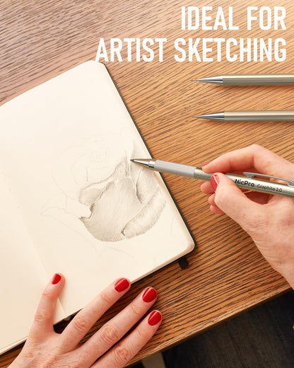 Nicpro 5 PCS Art Mechanical Pencils Set, Metal Drafting Pencil 0.3 & 0.5 & 0.7 & 0.9 & 2mm Graphite Lead Holder(4B 2B HB 2H Colored) for Sketching Drawing With Lead Refills Eraser Case