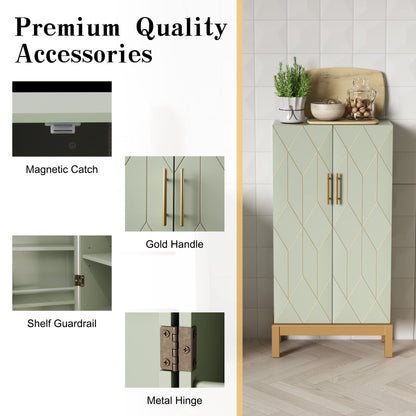 HOLTICO 45'' Kitchen Food Pantry Storage Cabinet with Doors and Adjustable Shelves for Kitchen,Dining Room,Living Room and Garage,Gold Lines and Legs,Green.