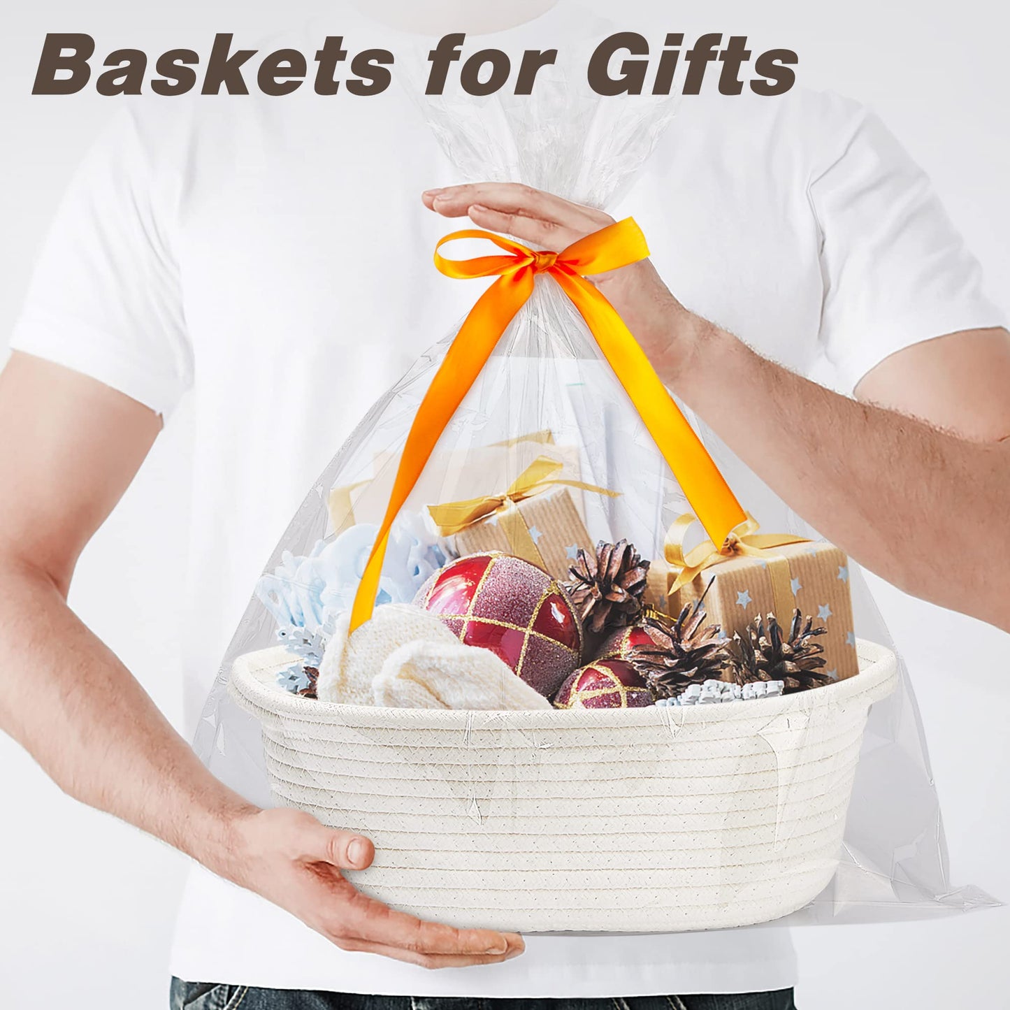 Pro Goleem Small Woven Basket with Gift Bags and Ribbons Durable Baskets for Halloween Gifts Empty Small Rope Basket for Storage 12"X 8" X 5" Baby Toy Baskets with Handles, White