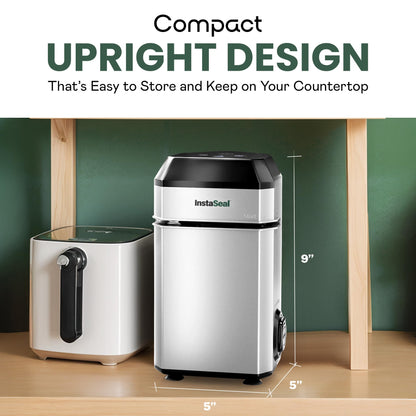 InstaSeal Vacuum Sealer for Food with 12 Bags, Preserves Foods 5x Longer, Space Saving Compact Upright Design Allows Machine to Seal Marinades, Soups, Meats for Sous Vide Cooking, Vegetables