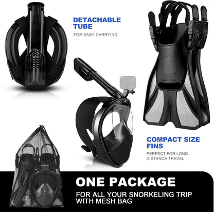 Odoland Snorkeling Packages, Full Face Snorkel Mask for Adults & Youth with Camera Mount, Adjustable Swim Fins, Anti-Fog Anti-Leak Diving Gear for Men Women Teens, Black, L/XL