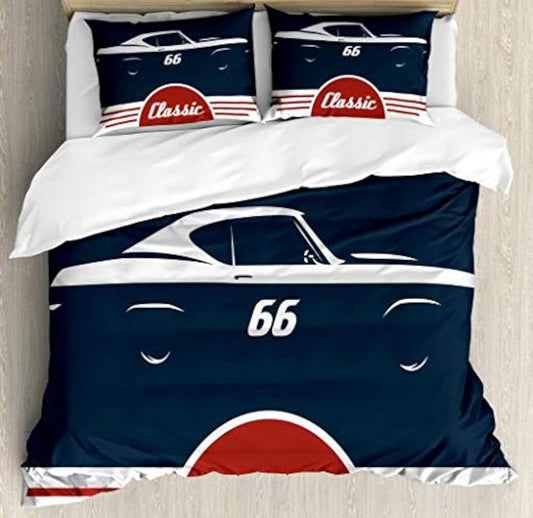 Ambesonne Man Cave Duvet Cover Set, Classic Vintage Sports Car Muscle Vehicle Silhouette Old Fashioned Style, Decorative 3 Piece Bedding Set with 2 Pillow Shams, Queen Size, Dark Blue