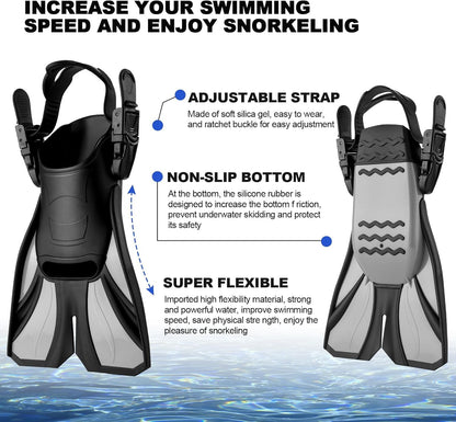 Odoland Snorkeling Packages, Full Face Snorkel Mask for Adults & Youth with Camera Mount, Adjustable Swim Fins, Anti-Fog Anti-Leak Diving Gear for Men Women Teens, Black, L/XL