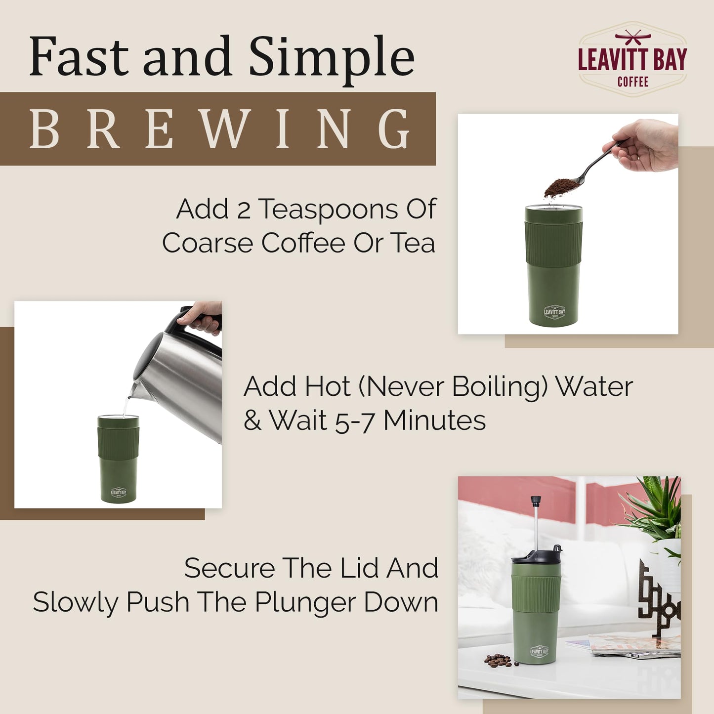 Portable French Press Travel Mug – Insulated Stainless Steel French Press Mug for Hot or Cold Brew – Durable Travel Coffee Maker – On-the-Go Tea & Coffee Maker (Army Green)