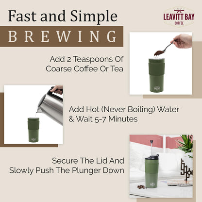 Portable French Press Travel Mug – Insulated Stainless Steel French Press Mug for Hot or Cold Brew – Durable Travel Coffee Maker – On-the-Go Tea & Coffee Maker (Army Green)