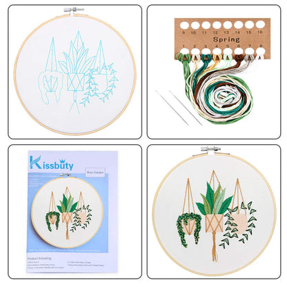KISSBUTY Full Range of Embroidery Starter Kit with Pattern, Cross Stitch Kit Including Embroidery Fabric with Plant Pattern, Bamboo Embroidery Hoop, Color Threads and Tools Kit (Epipremnum Aureum)