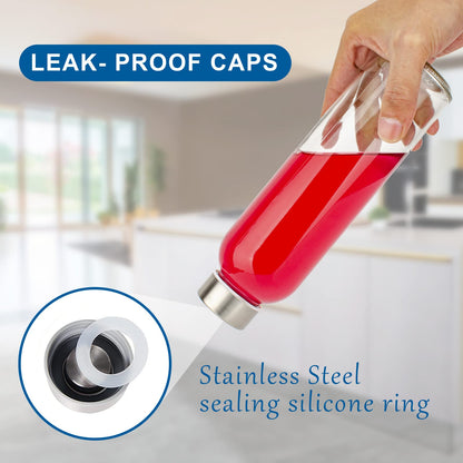 Luxfuel Clear Glass Bottles with Lids 18 oz, Reusable Glass Water Bottles with Stainless Steel Cap for Juicing, Refrigerator,100% Leak Proof, BPA Free, Juice Water Bottle Set of 10