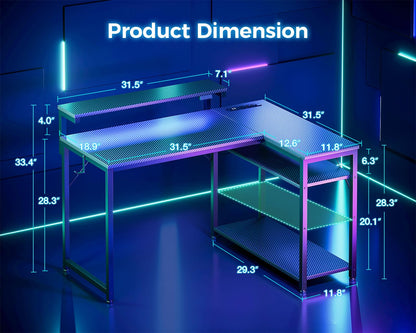 MOTPK L Shaped Gaming Desk with Power Outlet, Reversible Gaming Desk with Height Adjustable Monitor Stand, Gaming Computer Desk 43inch with LED Lights, Home Office Desk, Black