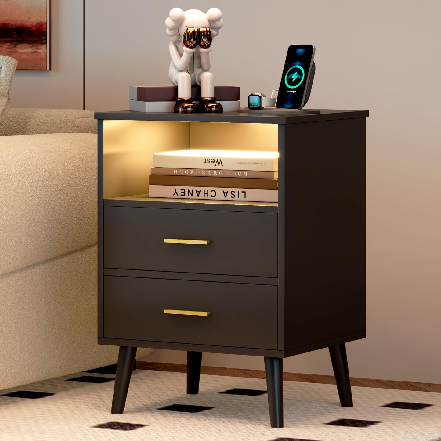 LVSOMT Black Nights Stand with Gun Drawer, Bedroom LED Nightstand with Charging Station, Bedside Table with Metal Legs, Wood Sofa Couch End Side Table