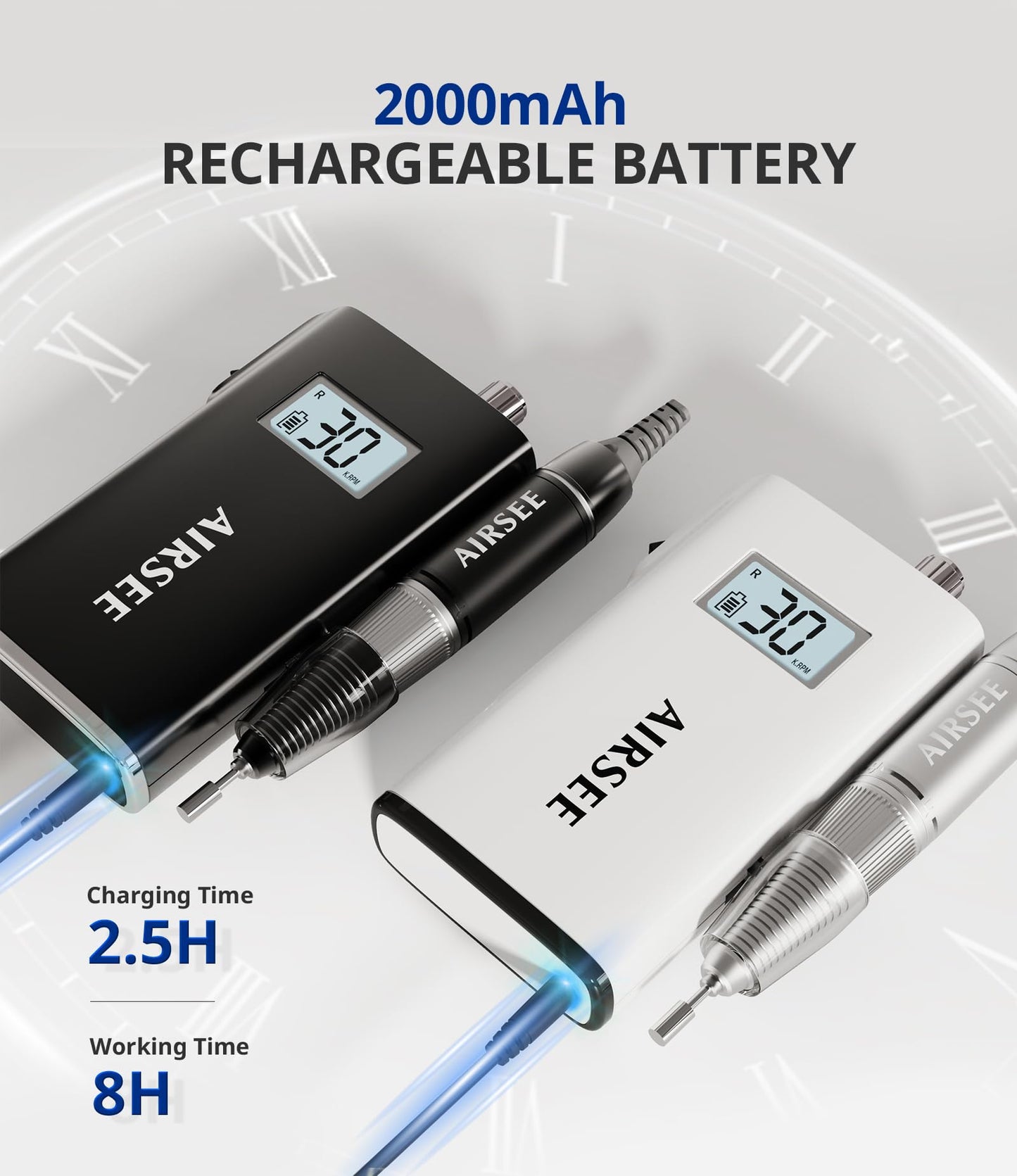 AIRSEE Rechargeable 30000RPM Electric Nail Drill Professional Portable E File Machine for Acrylic Nail Natural Extension Gel Nails Polish Cuticle, Cordless High Speed for Salon Home Use E8 White