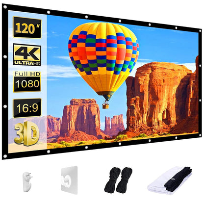 AAJK Projector Screen 120 inch, Washable Projector Screen 16:9 Foldable Anti-Crease Portable Projector Movies Screen for Home Theater Outdoor Indoor Support Double Sided Projection