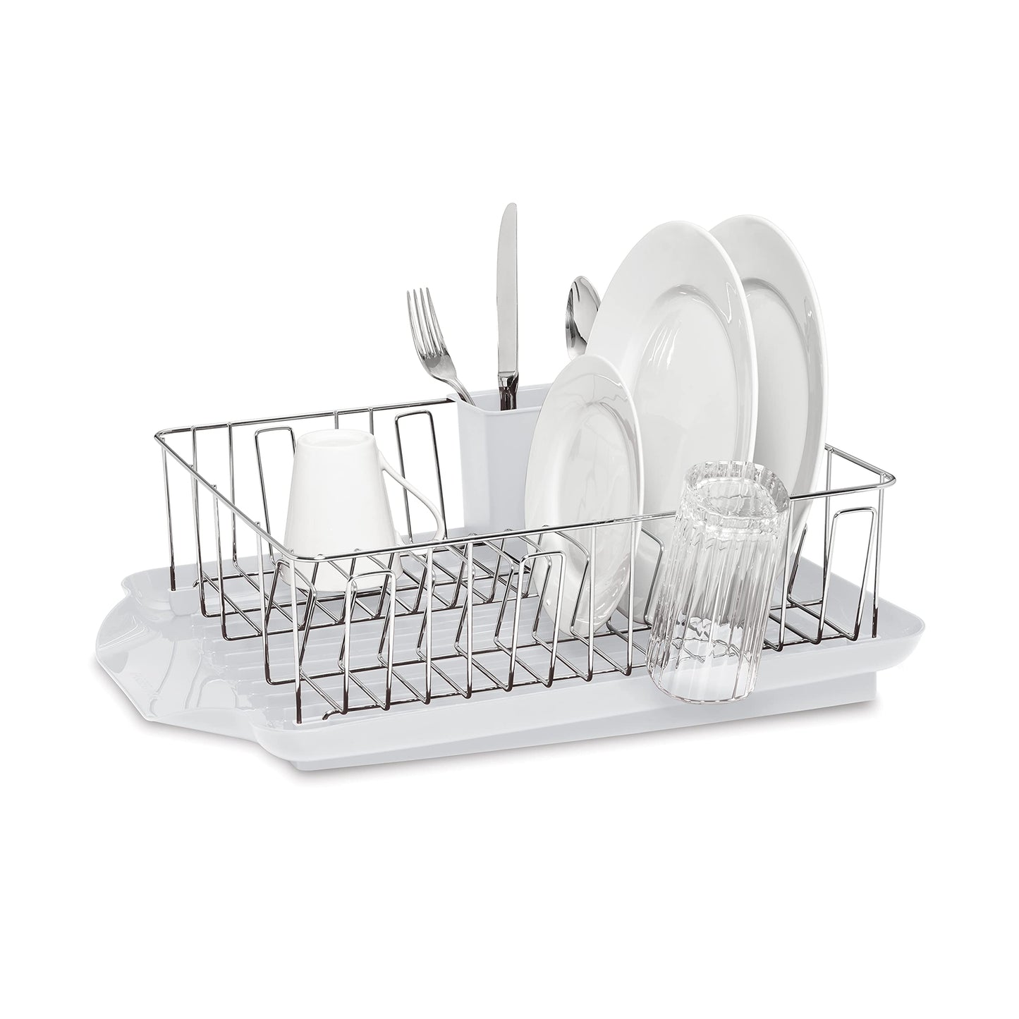 Farberware Classic Large Rust Resistant Full Dishrack with Removable 3 Compartment Flatware Caddy, Andlged Drain Board, 3-Piece, White