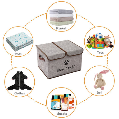 Geyecete Large Storage Boxes - Large Linen Fabric Foldable Storage Cubes Bin Box Containers with Lid and Handles for Dog Apparel & Accessories, Dog Coats, Dog Toys, Dog Clothing(Grey)