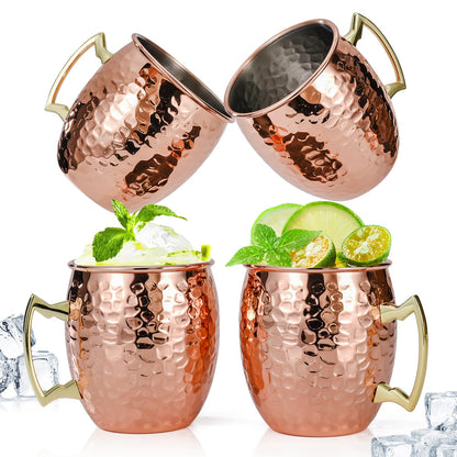 Amrules Moscow Mule Mugs Set of 4, 16 OZ Hammered Copper Cups with 304 Stainless Steel Lining and Gold Brass Handles, for Cold Drinks, Beer, Wine, Bars, Parties