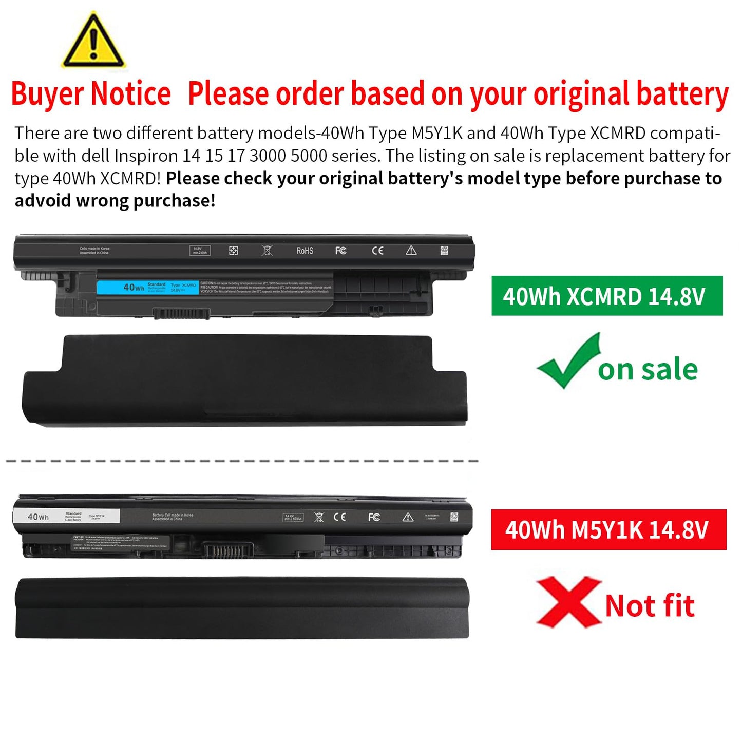 40Wh XCMRD 14.8V Battery for Dell Inspiron 15 3000 Series 3542 3543 3521 3537 3531 3541 17 3721 3737 15R 5537 5521 17R 5737 5721 14 3421 3437 3443 14R 5421 Latitude 3540 3440 P28F P40F FW1MN 4WY7C