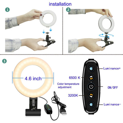 Ring Light Video Conference Lighting Kit 3200k-6500K Dimmable Led Clip on Computer Monitor Laptop Phone for Content Creator (YouTube/TikTok/Twitch) Makeup,Conference,Selfie,Video,Vlog (Black)