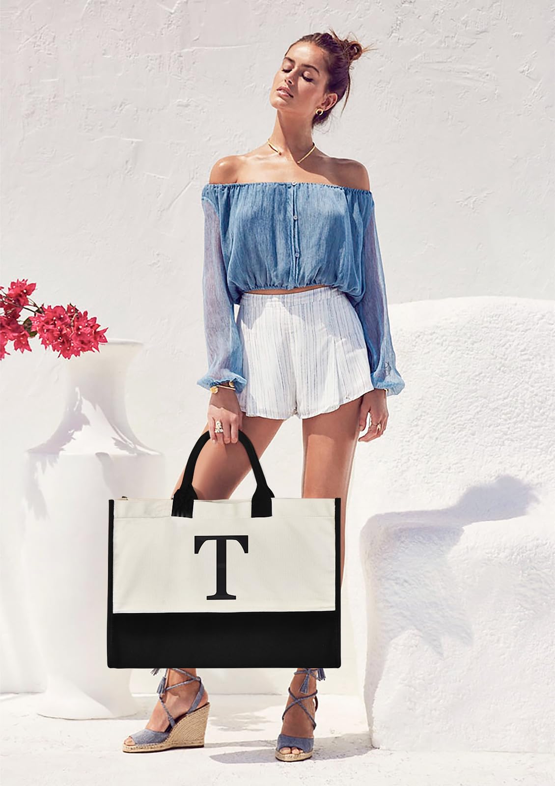 GASSDA Initial Canvas Tote Bag, Birthday Gifts For Women, Monogram Personalized Gifts For Women Mom Teachers Bridesmaids (T 3PCS)