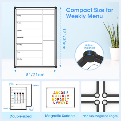 Magnetic Weekly Calendar for Fridge,12×8” , Doubleside, Grocery List, Kitchen Menu Planner Board for Fridge/Locker, 4 Marker