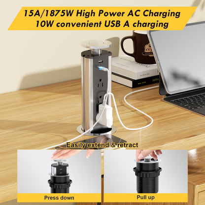Kungfuking Pop Up Outlet Socket Recessed Retractable Power Strip Charging Station with 3 US Plug and 2 USB Ports for Kitchen Counter Island Conference Office, Black