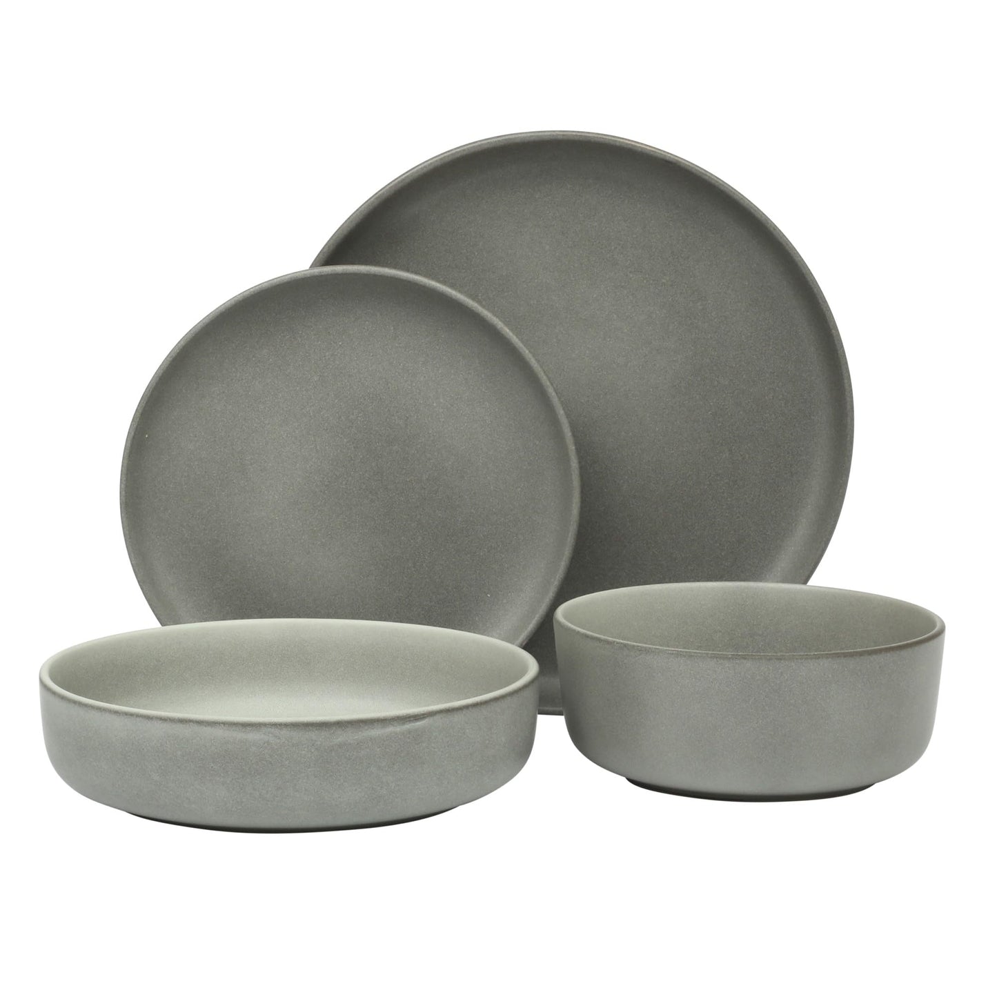 Gibson Elite Pasco 16 Piece (Service for 4) Plates and Bowls Double Bowl Reactive Glaze Dishes Stoneware Ceramic Dinnerware Set - Grey