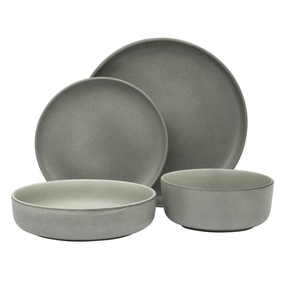 Gibson Elite Pasco 16 Piece (Service for 4) Plates and Bowls Double Bowl Reactive Glaze Dishes Stoneware Ceramic Dinnerware Set - Grey