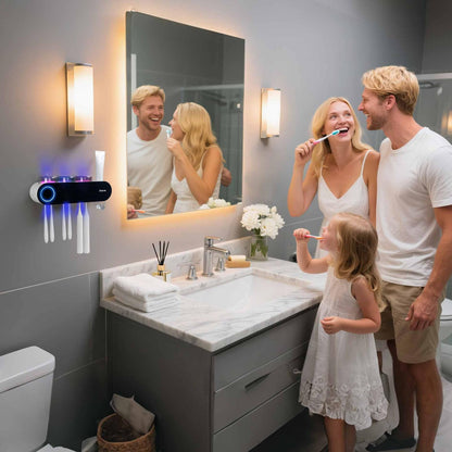 iHave Toothbrush Holders for Bathrooms, UV Toothbrush Sanitizer and Holder Smart Home Bathroom Accessories, 3 Cups Electric Toothbrush Holder Wall Mounted with Toothpaste Dispenser Bathroom Decor