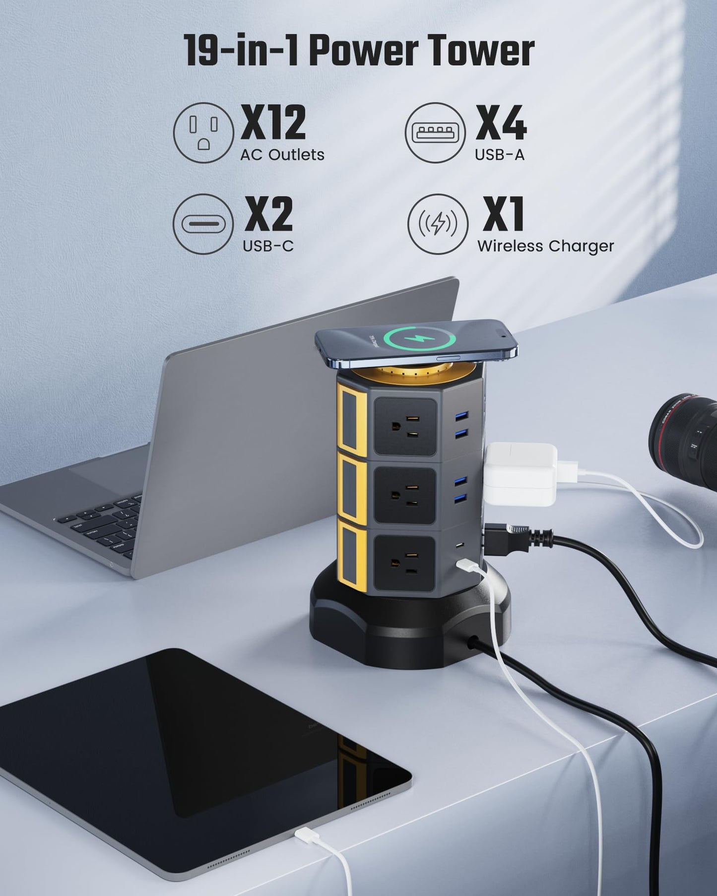 Power Strip Tower, SUPERDANNY Surge Protector Tower with 15W Wireless Charger, 1050J, 13A Charging Station with 12 AC Outlets & 6 USB Ports (2 USB C), 6.5ft Extension Cord for Home Office Dorm, Gold