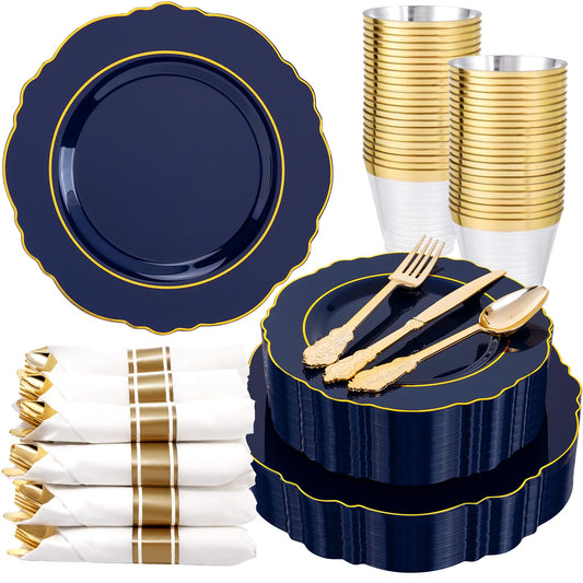Liacere 350PCS Navy Blue Plastic Plates-Disposable Blue Gold Plates 50guest Plastic Dinnerware include 100Plates,50Pack Pre Rolled Napkins with Silverware 50Cups for Wedding＆Back to School&Labor Day