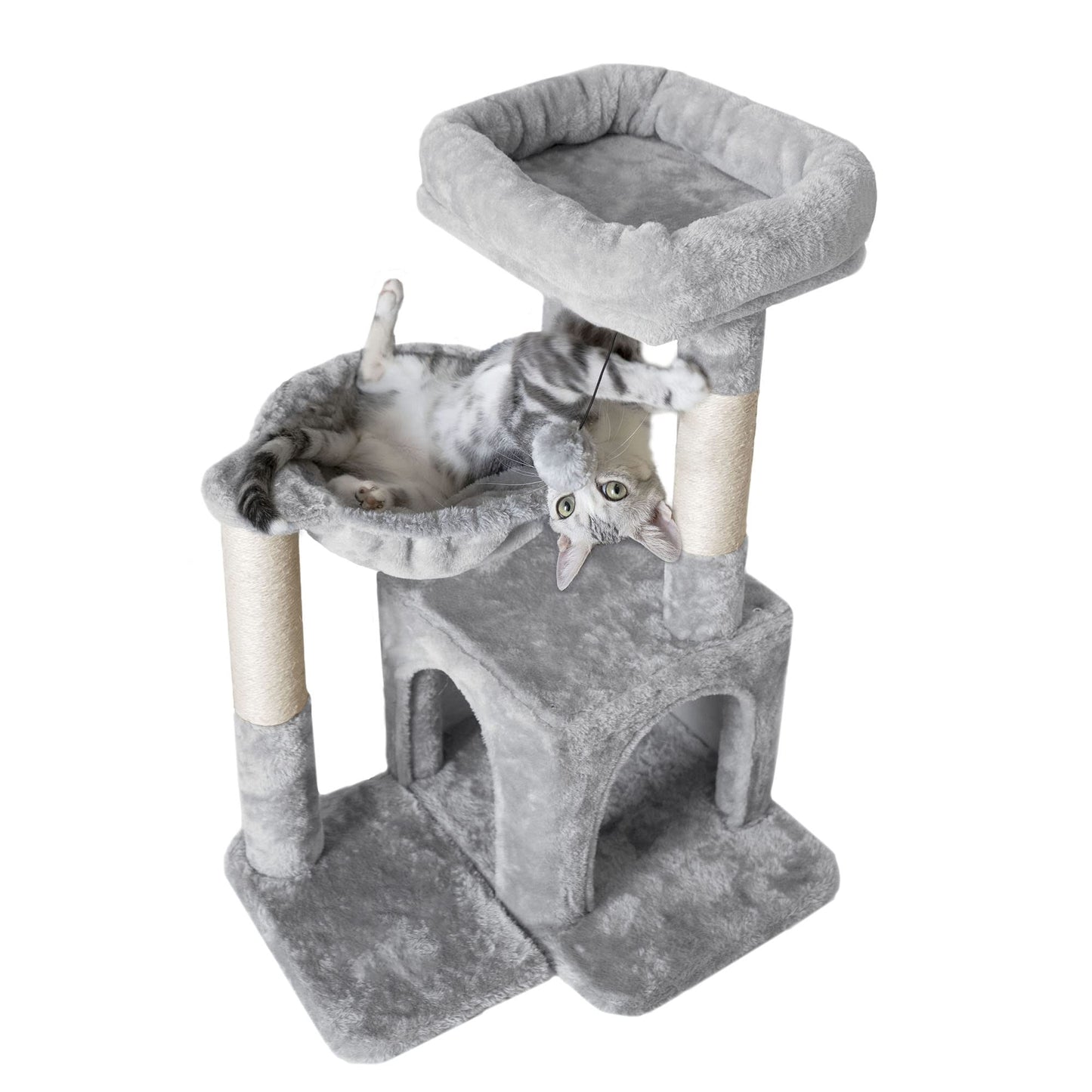 Pesofer Cat Tree, Small Cat Tower with Sisal Scratching Post and Hammock Light Gray