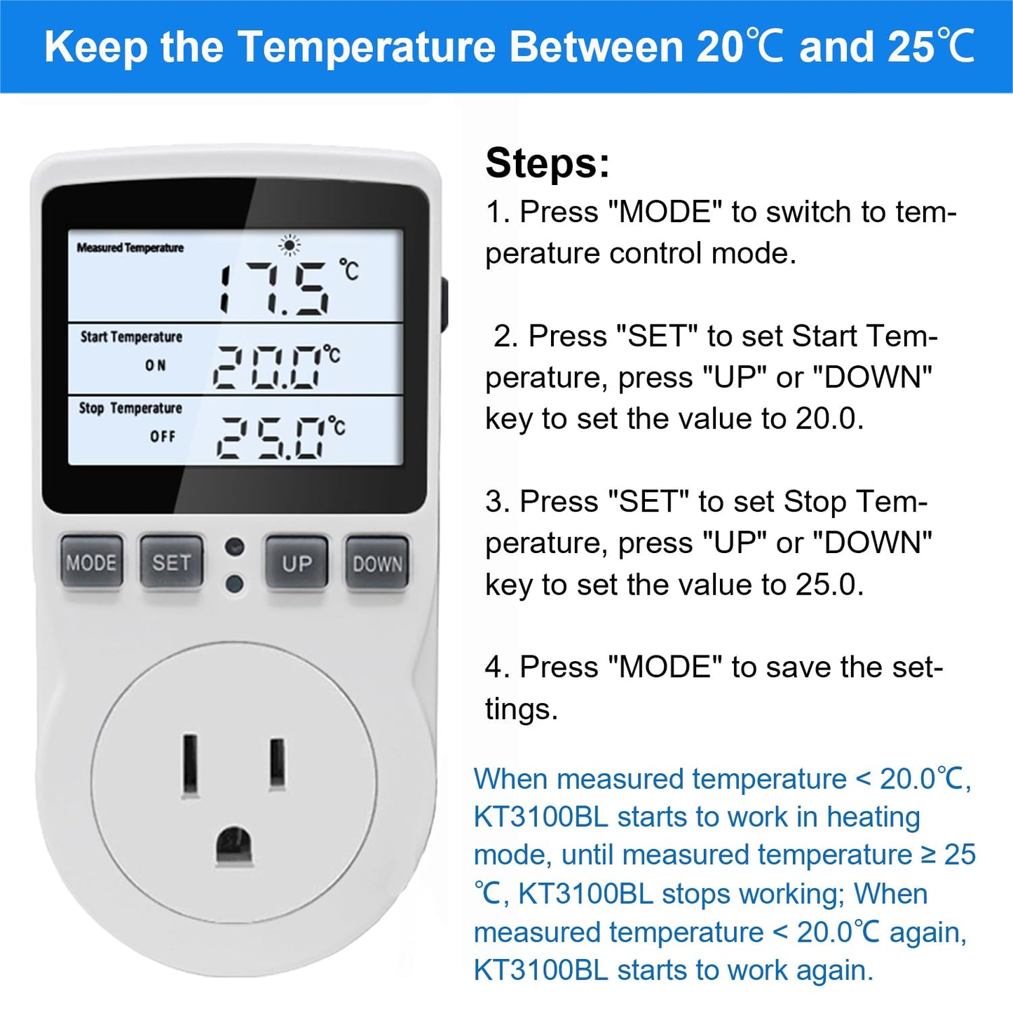 KETOTEK Digital Temperature Controller Thermostat Outlet Plug 120V with LCD Backlight, Heating Cooling Temperature Controlled Outlet 110V 15A with 3m Sensor