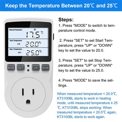 KETOTEK Digital Temperature Controller Thermostat Outlet Plug 120V with LCD Backlight, Heating Cooling Temperature Controlled Outlet 110V 15A with 3m Sensor