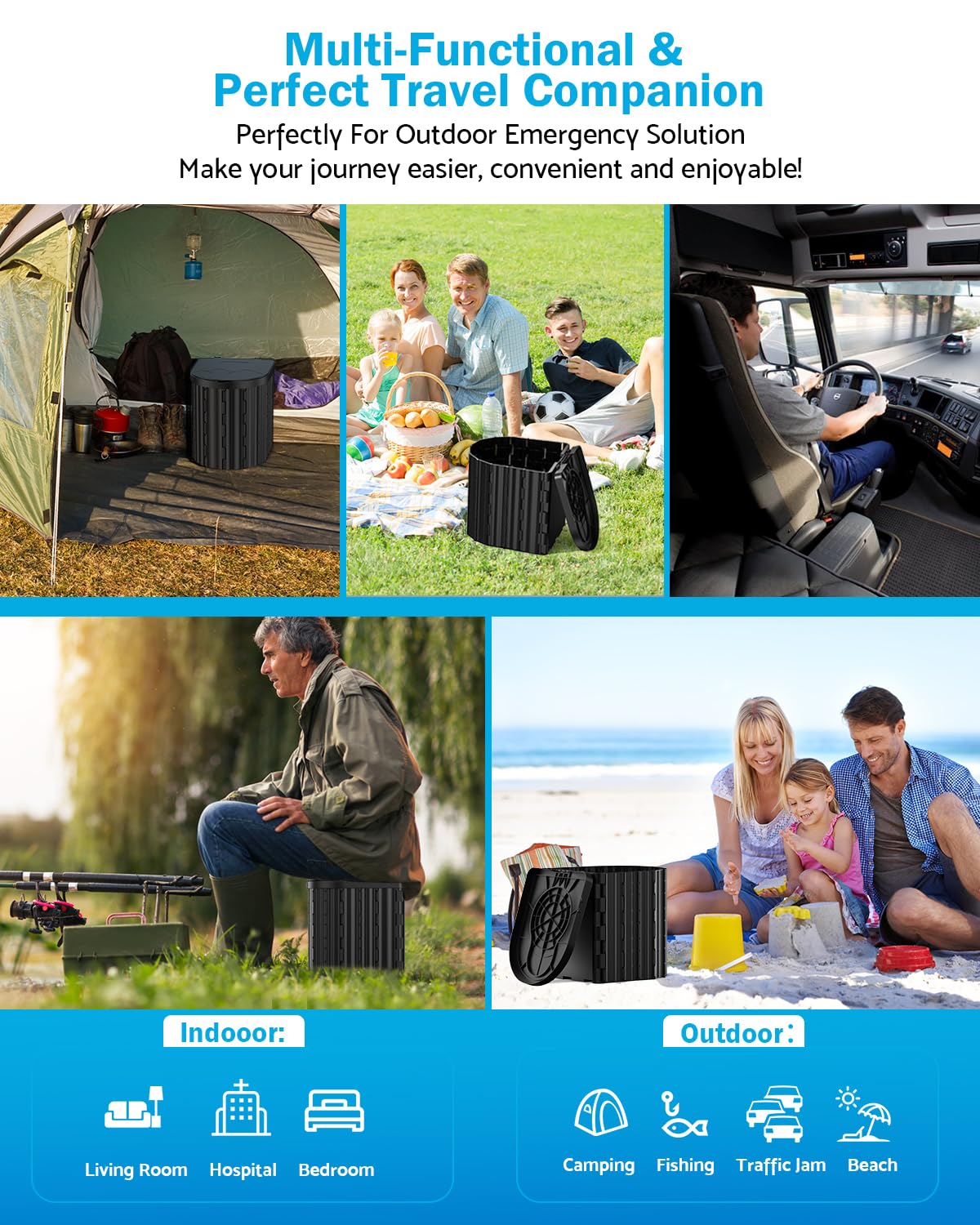 Portable Toilet, Upgraded 15'' toilet With Removable Paper Holder, Camping Toilet With A Load Capacity Of 450 Lbs, Portable Potty for Camping, Hiking, Road Trip, Car, RV, Tent, Beach, Truck Drivers