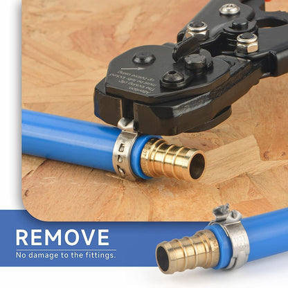 iCrimp Ratchet PEX Cinch Tool with Removing Function for 3/8-in, 1/2-in, 3/4-in, 1-in Stainless Steel Clamp, PEX Crimper with 20PCS 1/2-in, 10PCS 3/4-in PEX Clamps and Pipe Cutter- All in One