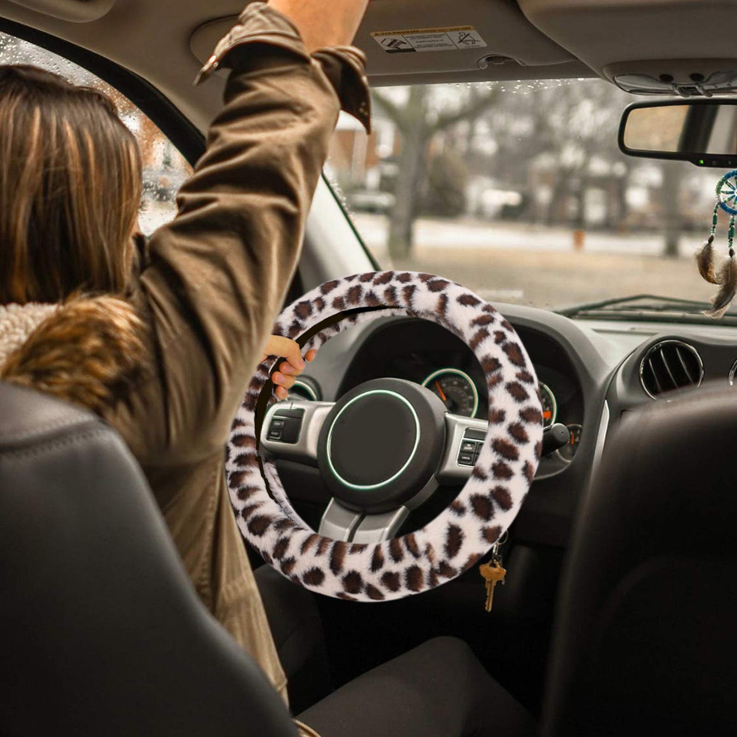 Fuzzy Steering Wheel Cover for Women Girls, Accmor Universal Fit 15 inch Fur Car Wheel Cover & Handbrake Cover & Gear Shift Cover Set, Fashion Leopard Winter Warm Fluffy Vehicle Wheel Protector