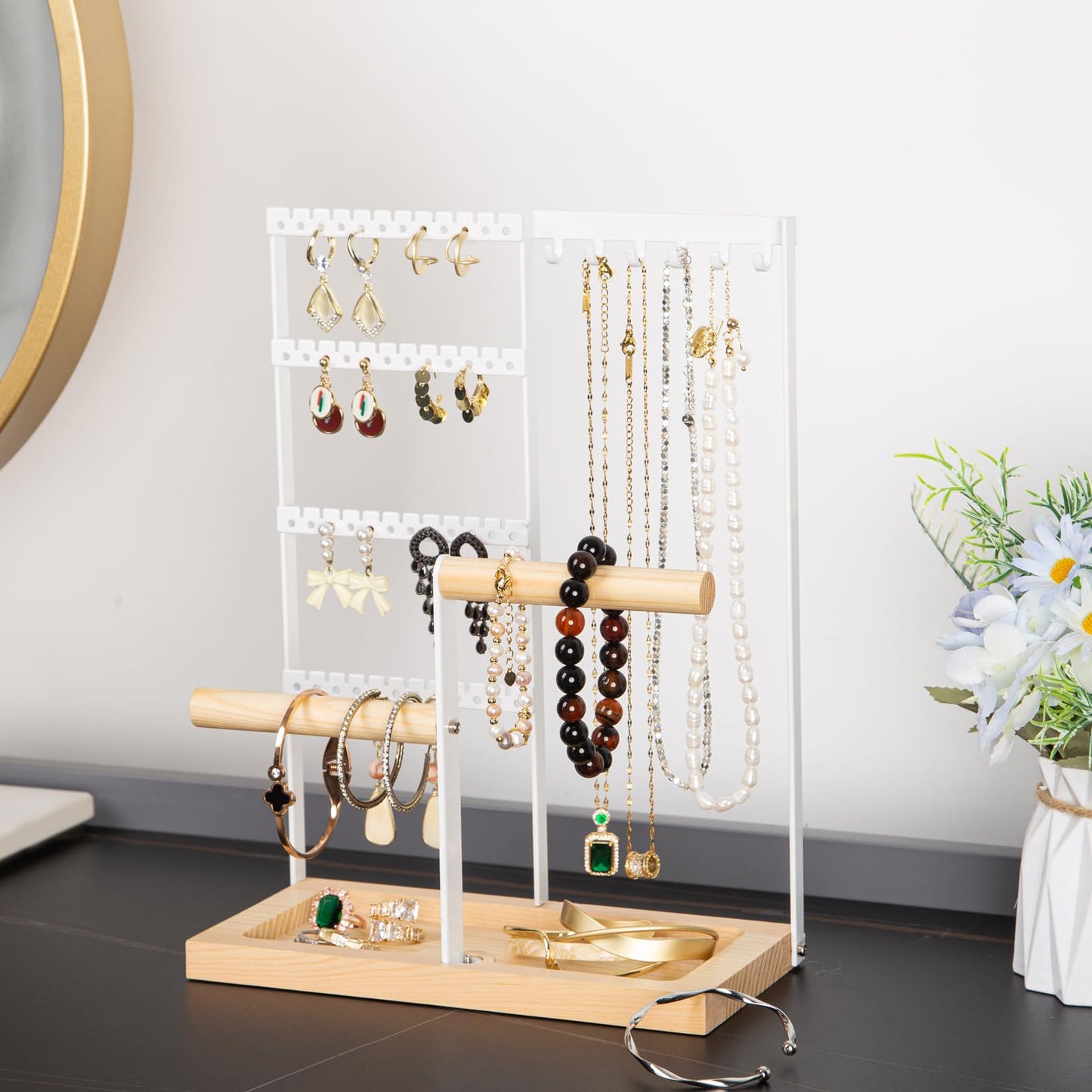 Jewelry Organizer Stand, Jewelry Holder, Lengnoy 4 Tier Earring Holder with 48 Holes and 6 Hooks Necklace Organizer Wood Box for Necklace Bracelet Earring Ring, White