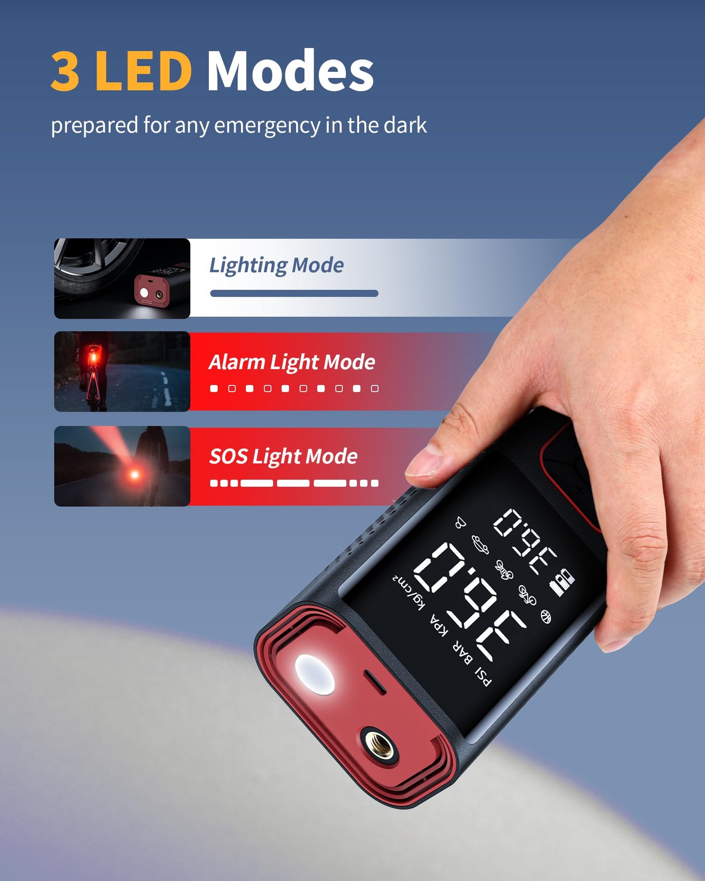 Powools Cordless Tire Inflator Portable Air Compressor - 150PSI Air Pump with Auto Shutoff Function for Car Tires, Inflatables, Motorcycle, Balls, Compact Bike Tire Pump with LED Light, Red, Large