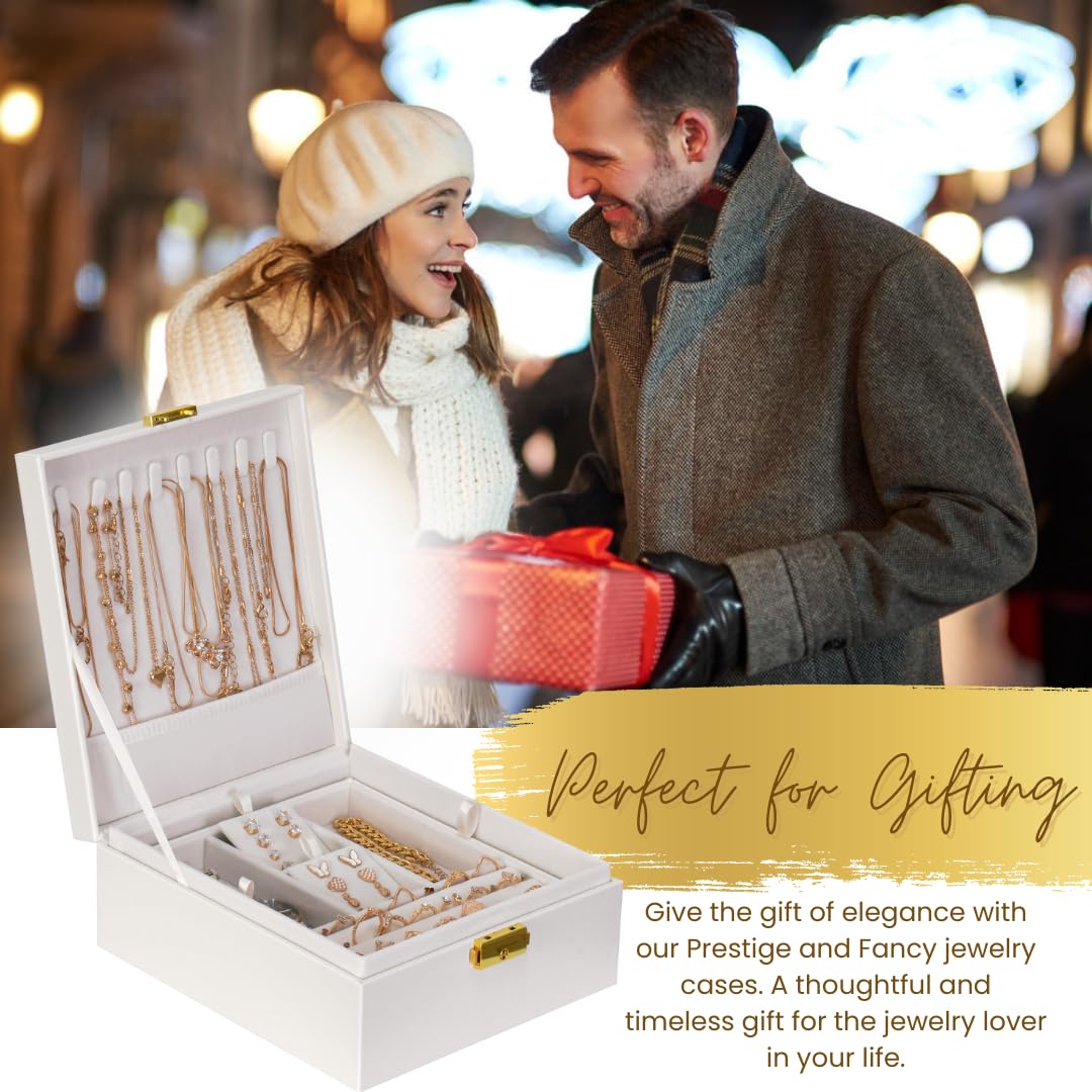 Prestige & Fancy 2 Layer Woman Jewelry Box, Jewelry Organizer For Woman, Men & Girls Large Case 8.5x7.5x3.3in | PU Leather Black Jewelry Gift Storage Boxes For Ring, Necklace & Bracelet With Lock