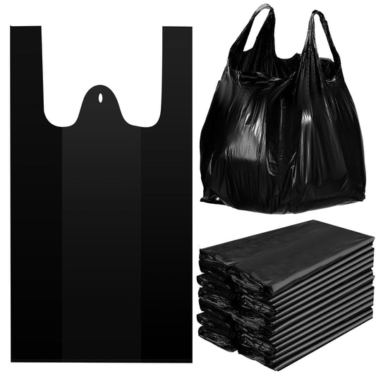 Kisston 400 Count Jumbo Size Plastic T Shirt Bags with Handles, 35 Mic, XX Large Plain Plastic T Shirt Grocery Bags, Thick and Heavy Duty (Black,25" x 15")