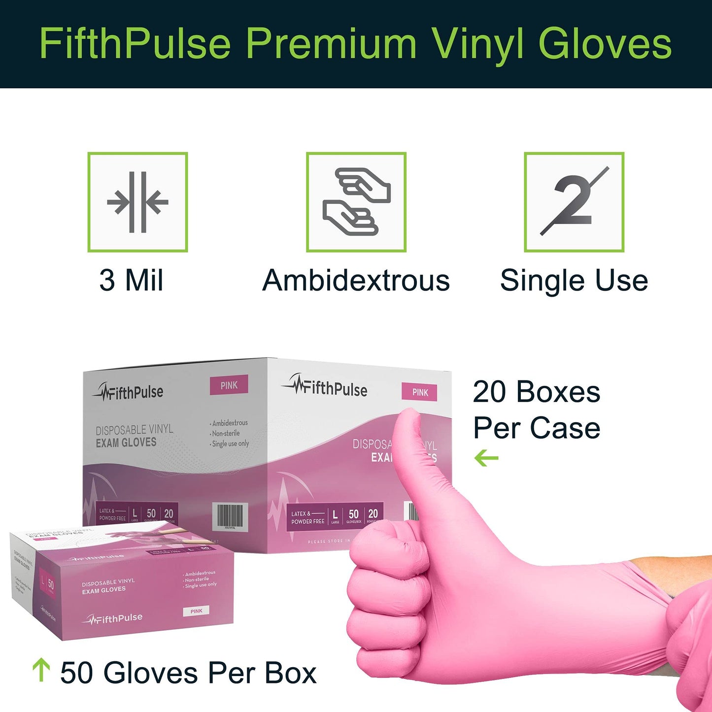 FifthPulse Pink Vinyl Disposable Gloves Medium 50 Pack - Latex Free,Powder Free Medical Exam Gloves - Surgical,Home,Cleaning,and Food Gloves - 3 Mil Thickness,Medium