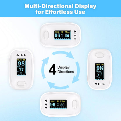 Pulse Oximeter with Fingertip Oxygen Meter : AILE Compact Fingertip Pulse Oximeter - Blood Oxygen/Heart Rate Monitor - 4 Color Screen Display - Including 2AAA Batteries for Athletic & Home (White)
