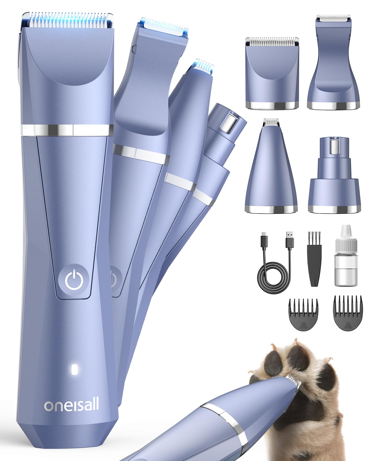 oneisall Dog Paw Trimmer 4 in 1, Low Noise Dog Clippers for Grooming, Cordless Dogs Grooming Kit Nail Grinder, IPX7 Waterproof Puppy Shaver for Pets's Paws, Eyes, Ears, Face, Rump