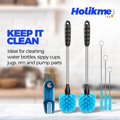 Holikme 6 Pack Brush Set, 14" Long Handle Stainless Steel Cleaner, 3 Straw Brushes, 3-in-1 Cleaning Brush for Water and Baby Bottles, Straws - Blue