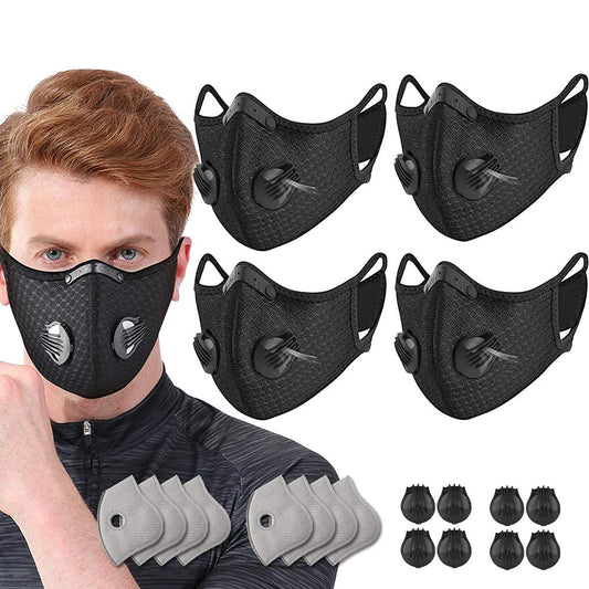 NBDIB 4 Pack Black Unisex Adjustable Reusable Washable Sport Mask with 8 Carbon Filters and 8 Breathing Valves，Face Cover for Adult Bicycle Cycling Riding Outdoor