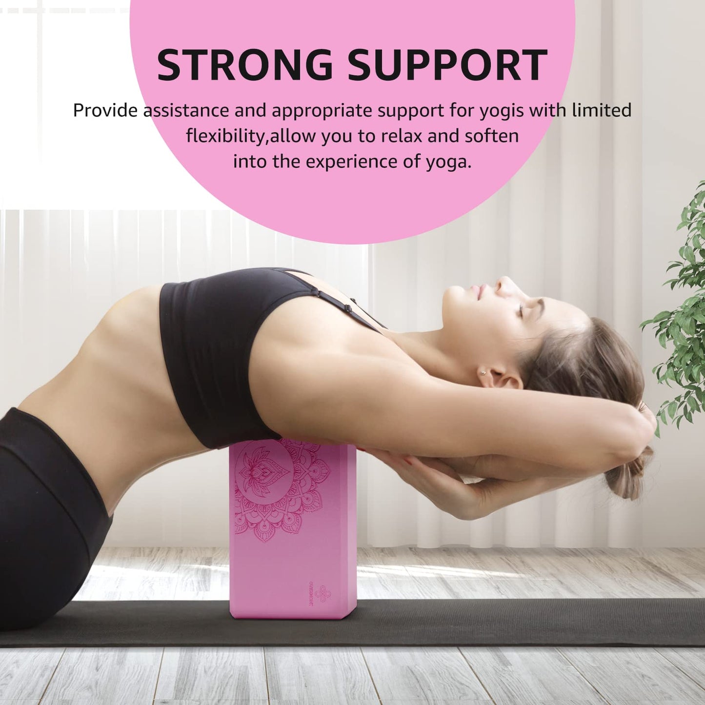 Overmont Yoga Block 2 Pack Supportive Latex-Free EVA Foam Soft Non-Slip Surface for General Fitness Pilates Stretching and Meditation 9"x6"x3" Yoga Strap Included (Pink)